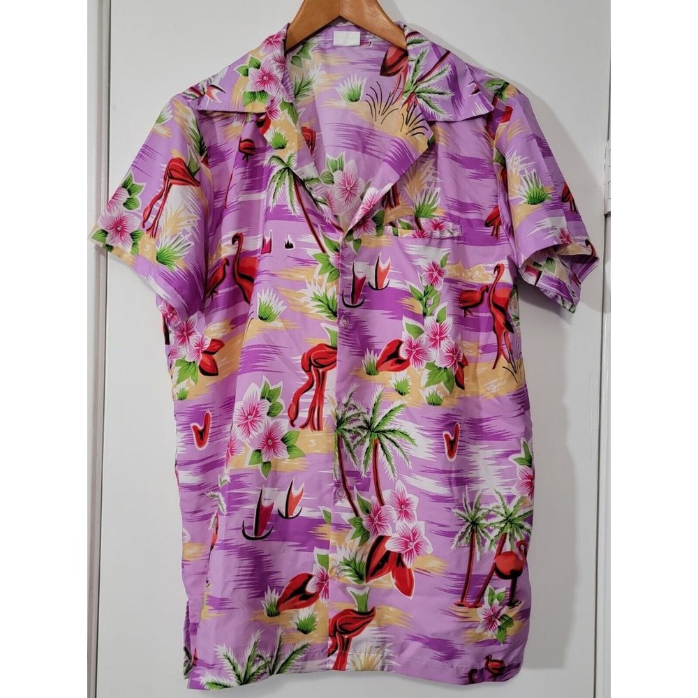 King‎ Kameha Purple Flamingo Hawaiian Button Down Short Sleeve Shirt M